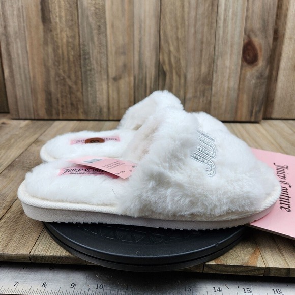 Womens Juicy Couture Eldoris size M Medium 7-8 White Faux Fur Lined Slippers - Picture 2 of 6